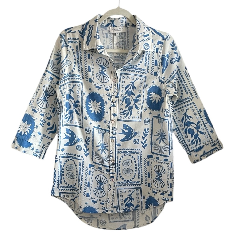 Calypso St. Barth Blue & White Graphic Print Linen Blend Hi Lo Tunic Top M